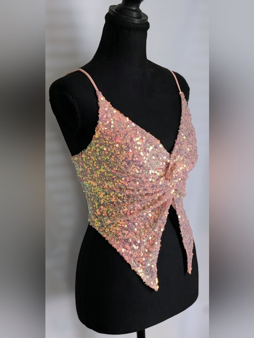 Silence + Noise Pink Iridescent Sequin Twist Front Crop Top Small